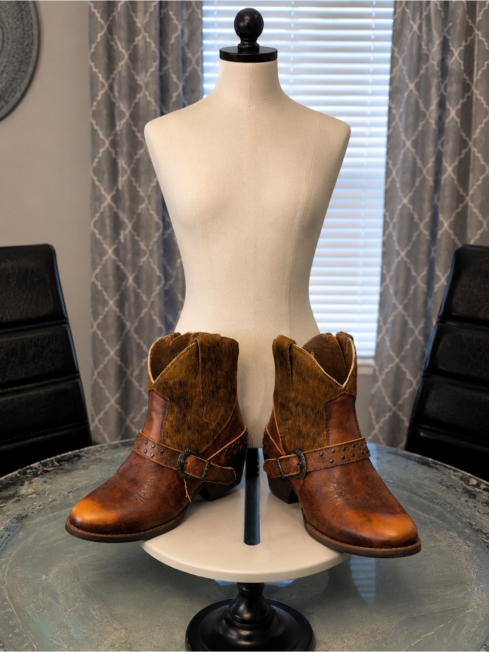 Sterling River Women's Brown Leather & Haircalf Ankle Booties with Studded Strap
